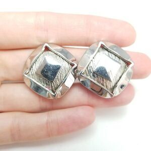 Vintage Silver Tone Funky Clip On Earrings, Retro 80s Style Design